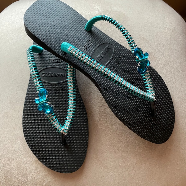 Turquoise Butterfly Rhinestone, Butterfly Flip Flop, Thong Sandal, Flip Flops