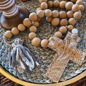 Wooden Bead Garland, Tabletop Garland, Prayer Beads, Wood Cross