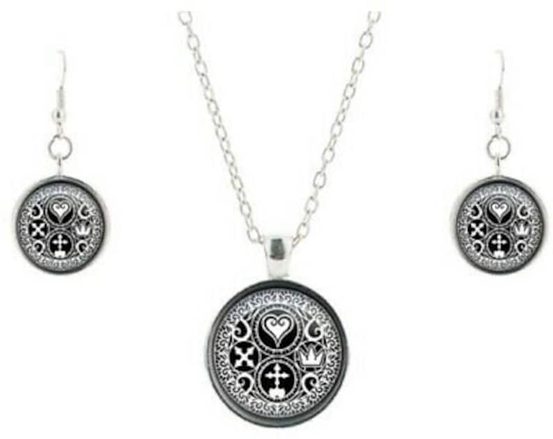 Kingdom Hearts Symbols Glass Dome Pendant Necklace and Earrings