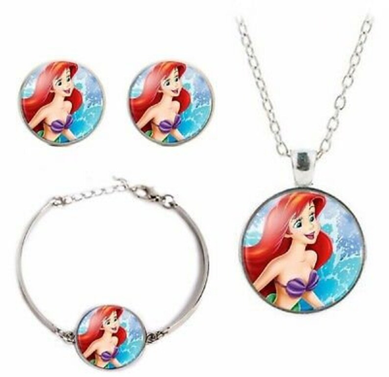 Earring Bracelet Set Little Mermaid Glass Dome Pendant Necklace