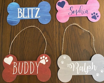 Personalized Dog Bone Crate Sign: Painted Wood Pet Name Tag