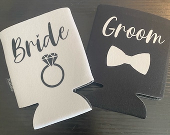 Bride and Groom Can Coolers: Wedding Favors, Engagement Gift (Set of 2)