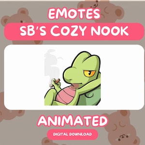 Pode incluir: Gráfico de download digital com um personagem verde semelhante a um lagarto fumando um cigarro. A imagem inclui o texto "EMOTES", "SB'S COZY NOOK" e "ANIMATED". O fundo é marrom claro com ilustrações de ursos repetidas.