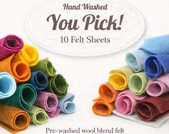 Choose 10 - Hand Washed Merino Wool Blend Felt 9"X12" Sheets | Soft & Durable for Crafting, Sewing, DIY Projects