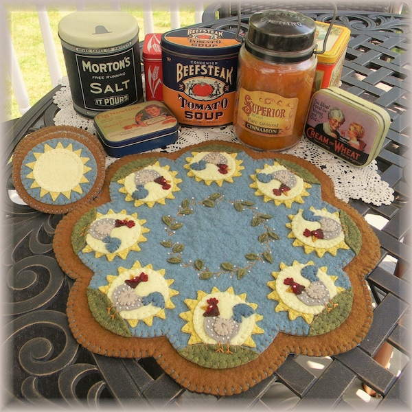 Pre-Washed Wool Felt Penny rug Kit - Retro Roosters - Penny Lane Primitives Candle Mat Kit