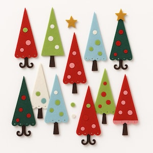 May include: A collection of colorful felt Christmas trees in red, green, blue, and white, decorated with polka dots and topped with a gold star. Each tree has a brown trunk and a decorative base.