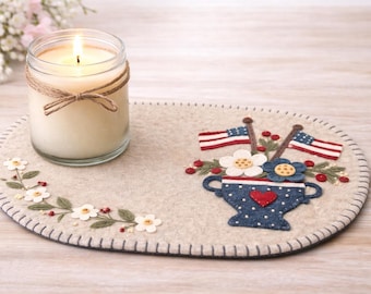 Mug Rug Wool Felt Embroidery Kit -America The Beautiful - Patriotic Pattern - Pre-cut pieces - Beginner Friendly