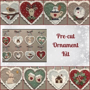 Pre-Cut Wool Blend Felt Holiday Hearts Ornament Kit - Penny Lane Primitives