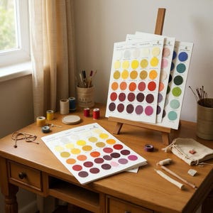 May include: A wooden desk displays color swatch cards with various shades of circular color samples. The cards are arranged on a small wooden easel and on the desk. Spools of thread, pencils, and other craft supplies are also visible.