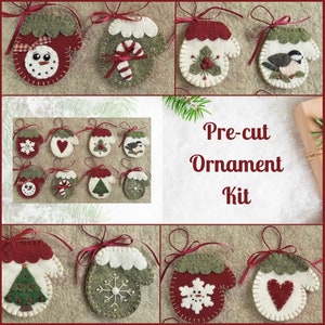 May include: A pre-cut felt ornament kit featuring 10 different mitten designs. Each mitten is decorated with a unique Christmas theme, including a snowman, candy cane, holly, bird, snowflake, heart, and a Christmas tree. The kit includes all the felt pieces needed to create the ornaments.