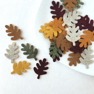 May include: A collection of small, die-cut felt oak leaves in various autumn colors including deep burgundy, mustard yellow, olive green, tan, and cream. Some leaves are scattered individually, while others are clustered together.