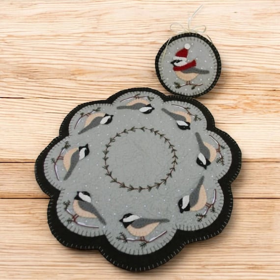 Pre-Washed Wool Felt Penny rug Kit - Cheerful Chickadee - Penny Lane Primitives Candle Mat Kit