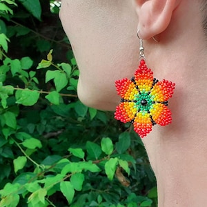 Boho flowers Earrings, Beaded earrings for women girl, Multi-colored  seed bead hippie jewelry, Large bright dangle, Floral Mothers Day gift