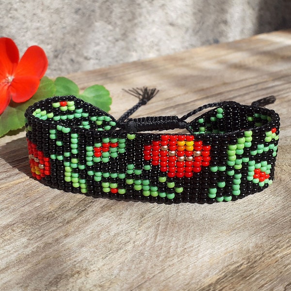 Beaded bracelet with flower print, Handwoven loom adjustable wristband, Ethnic floral black seed bead jewelry, Ukrainian traditional tracery
