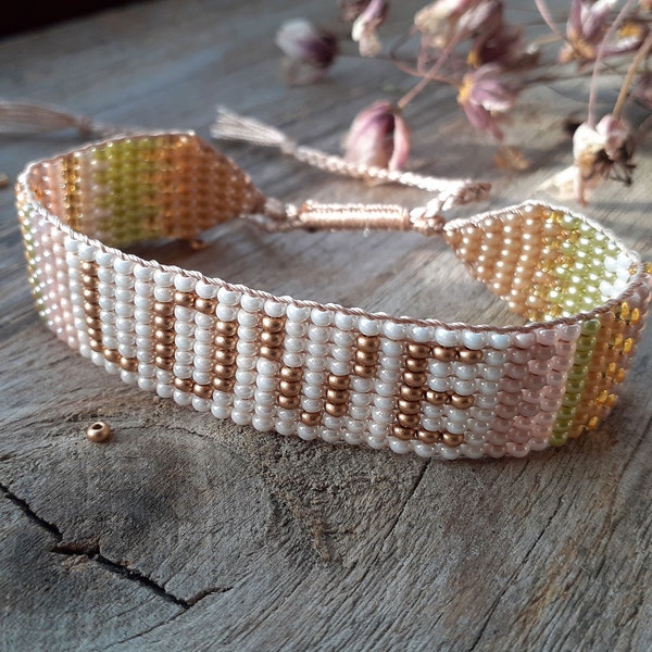 Love beaded bracelet Handwoven loom bracelet with inscription for women girl Pastel shades seed bead wristband Romantic gift her Gold Cream