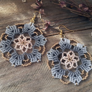 Gray flowers earrings, Large floral beaded lace dangle, Seed bead handwoven hippie bride wedding jewelry