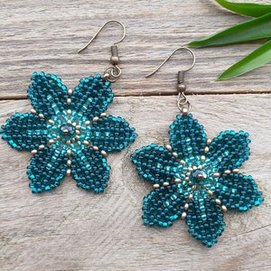 Sea-green earrings flowers, Huichol beaded earrings, Large floral hippie jewelry, Ultramarine green seed bead earrings dangle for girl