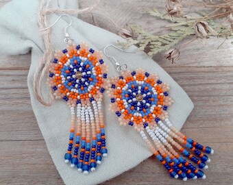 Flowers beaded earrings with long fringe, Handwoven seed bead earrings dangle, Bright floral large jewelry