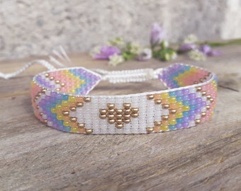 Pastel rainbow bracelet with gold heart, Beaded hand woven loom wristband, Romantic seed bead jewelry, Valentine's day gift for lovers