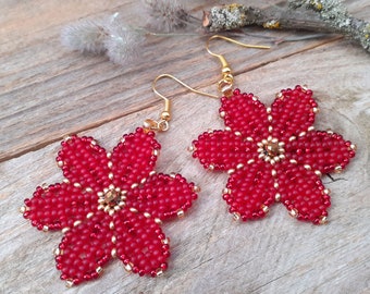 Matte red & gold beaded earrings, Flowers earrings, Large floral boho jewelry, Handwoven seed bead earrings dangle, Gift for women or girl