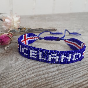 Iceland flag bracelet, Custom flag beaded wristband, Seed bead friendship bracelet, Loom handwoven jewelry, Memorable gift for the homesick