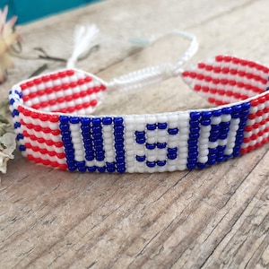 USA flag bracelet, American patriotic loom beaded wristband, Fourth of July hand woven seed bead jewelry, Independence Day friendship gift