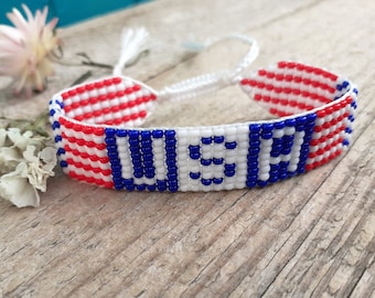 USA Flag Beaded Bracelet, Patriotic Woven Wristband