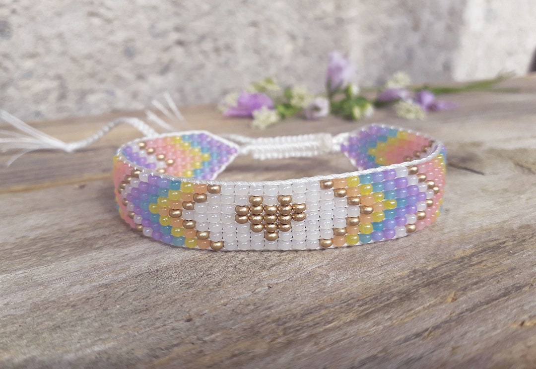 Pastel Rainbow Bracelet With Gold Heart Beaded Hand Woven - Etsy