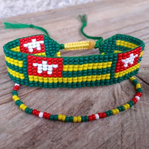 Togo flag bracelet, Patriotic beaded wristband, Loom handwoven double strand bracelet, Seed bead jewelry, Western African state symbol