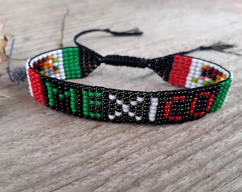 Mexico flag bracelet, Beaded wristband, Seed bead loom bracelet, Woven from beads jewelry, North America country symbols, Friendship gift