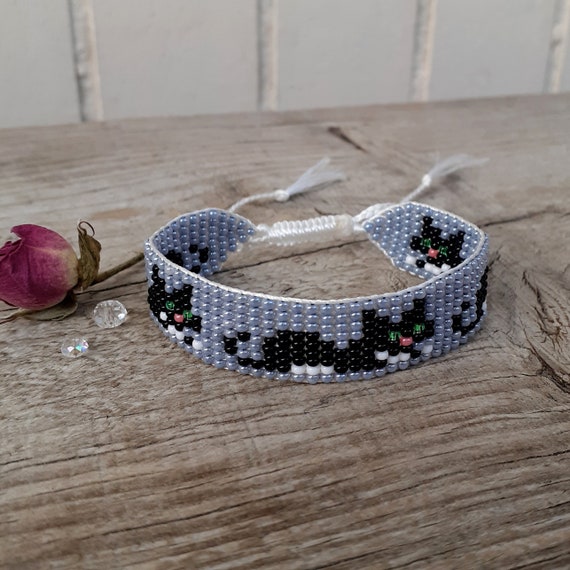 Beaded Bracelet With Black Cat Gray Handwoven Loom Wristband Feline Chic Seed Bead Jewelry Totem Animal Friendship Gift for Cat Lover Etsy Canada