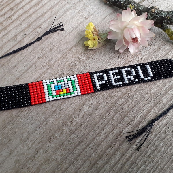 Peru flag bracelet, Patriotic beaded wristband, Loom handwoven seed bead inscription jewelry, South America country symbols, Friendship gift