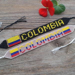 Colombia flag bracelet, Patriotic beaded wristband, Loom handwoven bracelet, Seed bead inscription jewelry, Colombian colors friendship gift
