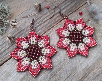 Large flowers earrings Boho beaded women earrings Handwoven hippie wedding jewelry Seed bead floral dangle for girl Gift for bride