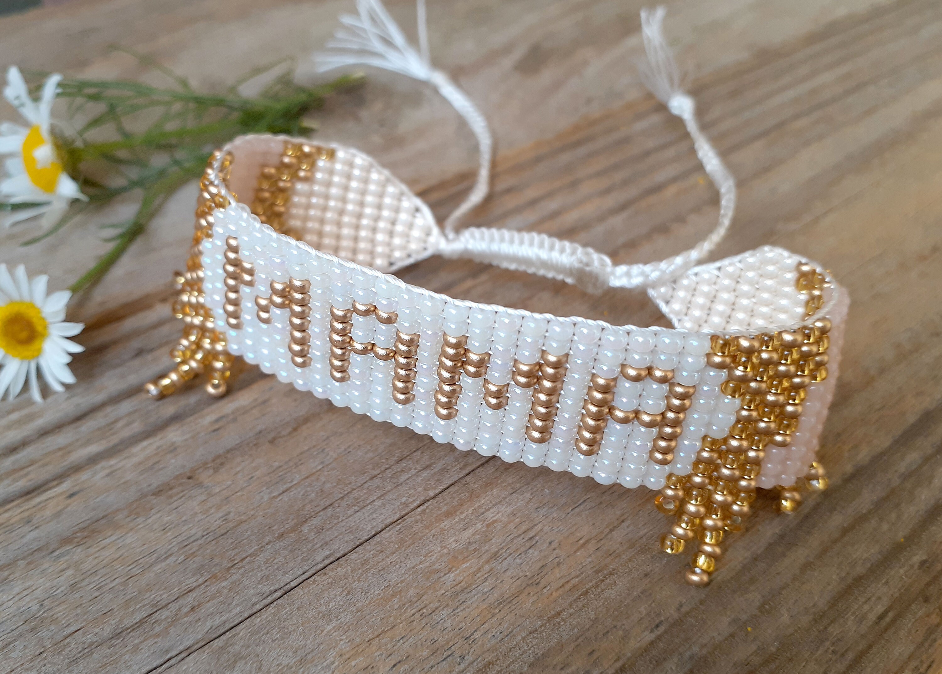 Mama bracelet beaded Handwoven loom bracelet White and gold Etsy