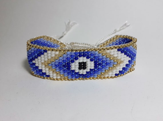 Evil Eye Bracelet: Loom Woven Seed Beads, Protective Amulet  display picture 1