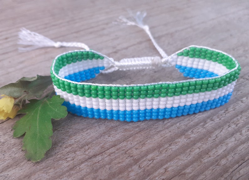 Sierra Leone flag bracelet, Patriotic beaded wristband, Loom handwoven seed bead jewelry, African country symbol,Custom flag friendship gift image 1