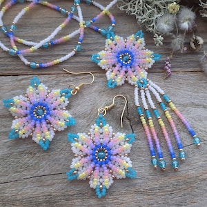 Flower jewelry set, Pastel rainbow beaded necklace & earrings dangle, Mexican style inspired floral seed bead pendant, Mothers Day gift set