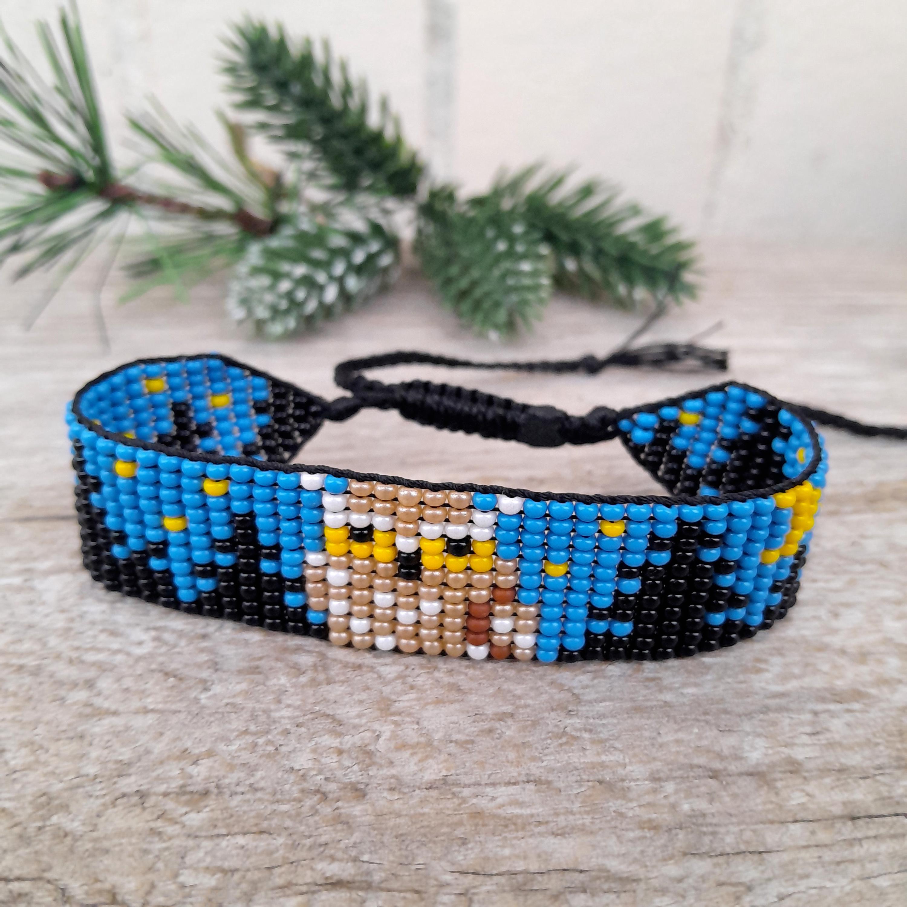 Beaded Owl Bracelet, Night Sky Forest Wristband, Loom Woven Nature Jewelry Gift