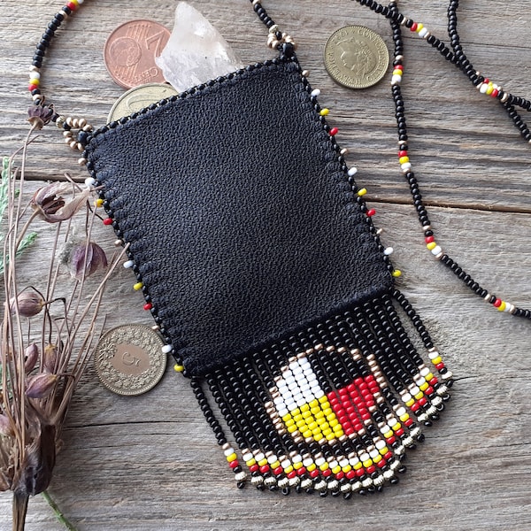 Medicine wheel, Leather necklace bag with beaded fringe, Amulet neck pouch, pendant-purse, Coin purse for women or girls