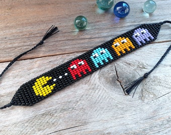 Vintage game bracelet, Handwoven loom beaded wristband, Multicolor seed bead jewelry, Friendship gift for game lovers, Funny gift for gamer