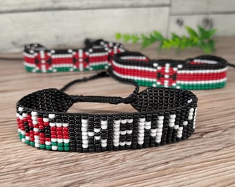Kenya Flag Bracelet, Beaded African Wristband, Adjustable Seed Bead Jewelry Gift