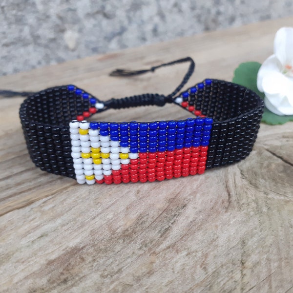 Philippines flag bracelet, Patriotic beaded wristband, Loom handwoven armlet, Asian countries symbols jewelry, Seed bead friendship gift
