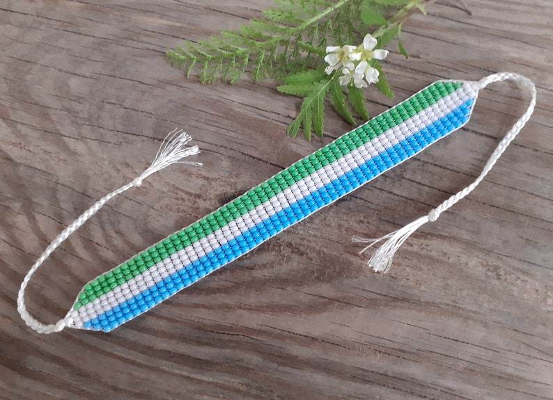 Sierra Leone flag bracelet, Patriotic beaded wristband, Loom handwoven seed bead jewelry, African country symbol,Custom flag friendship gift image 2