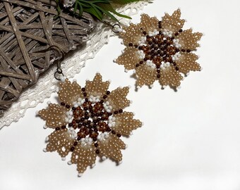 Beige and brown flower earrings, Boho beaded earrings, Hippie style jewelry, Floral large long dangle for girl or women, Gift for mother