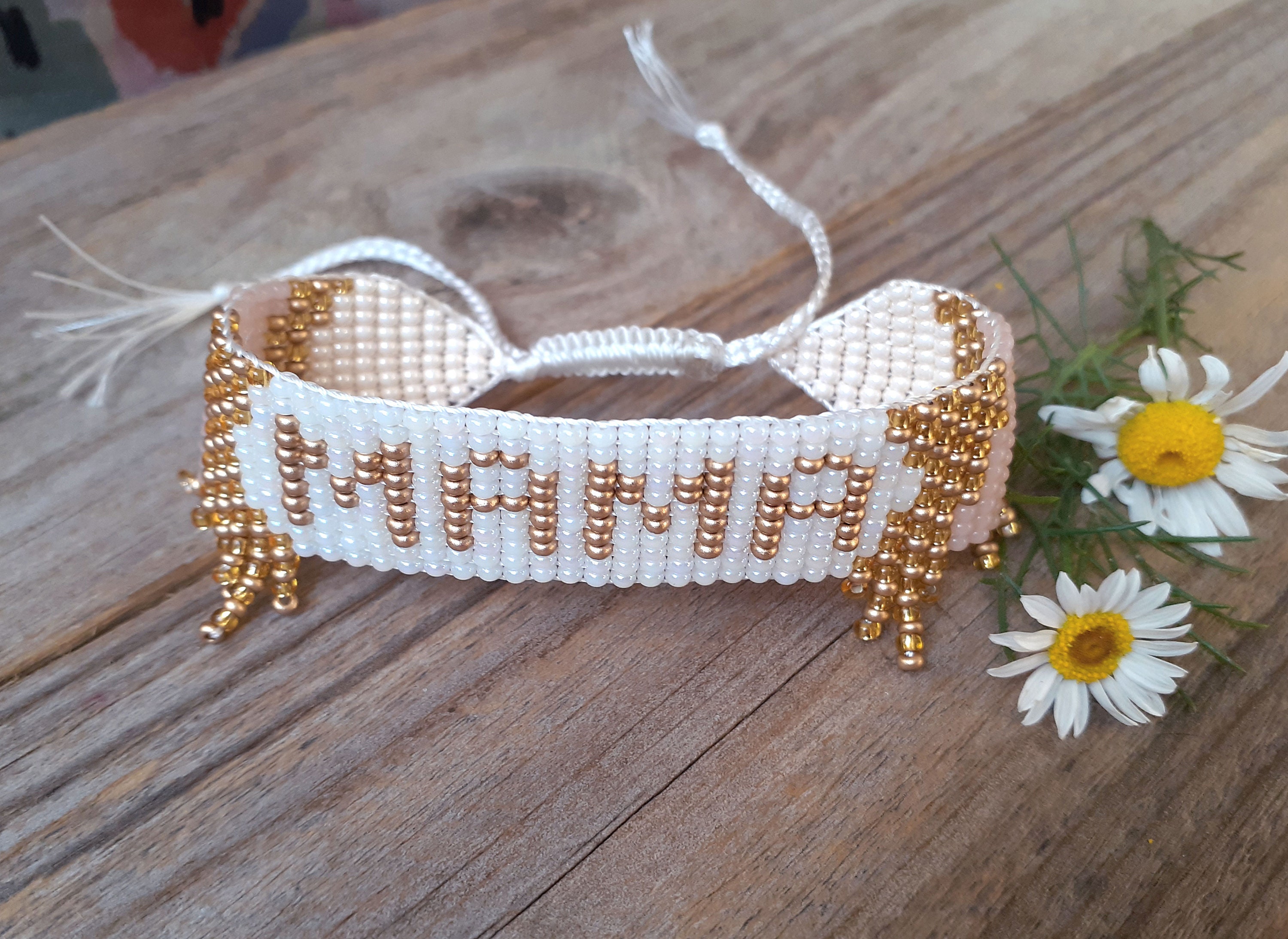 Mama Bracelet Beaded Handwoven Loom Bracelet White and Gold Etsy