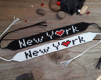 New York bracelet Beaded wristband with red heart Hand woven loom seed bead inscription bracelet Moving to NY city Memorable gift for guest