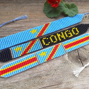 Congo flag bracelet, Central African beaded wristband, Loom hand woven bracelet, Patriotic seed bead jewelry, Friendship gift with flag