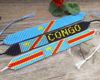 Congo flag bracelet, Central African beaded wristband, Loom hand woven bracelet, Patriotic seed bead jewelry, Friendship gift with flag