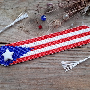 Puerto Rico flag bracelet, Patriotic beaded wristband, Loom hand woven bracelet, Seed bead jewelry, Caribbean countries, Friendship gift